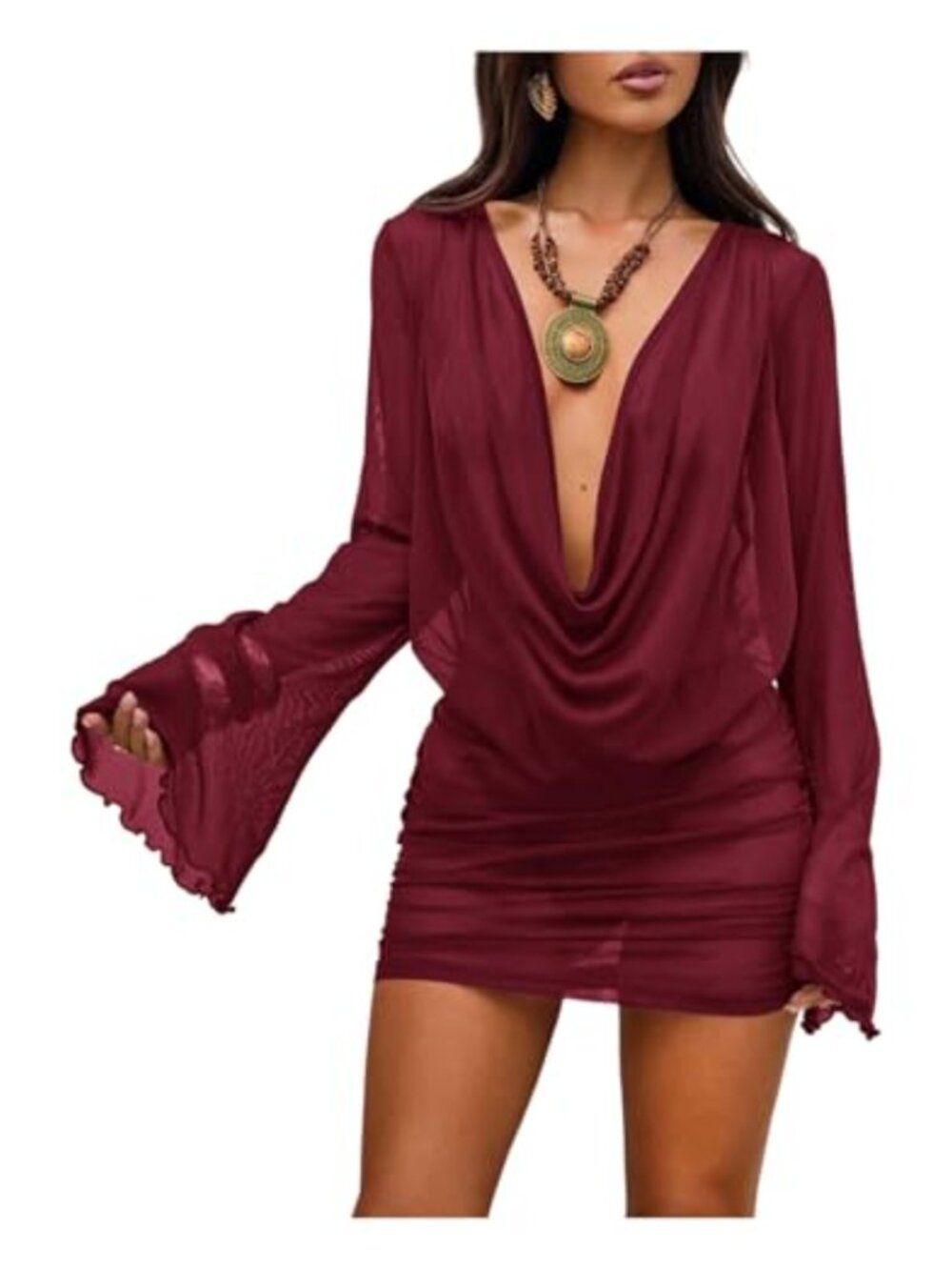 Sheer Mesh Mini Dress Cowl Neck Bell Sleeve Beach Cover Up